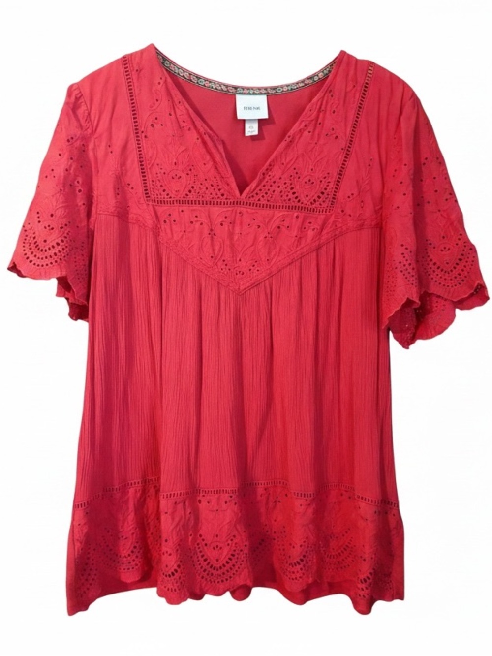 Knox Rose Red Eyelet Gauzy Scalloped V-Neck Boho Blouse